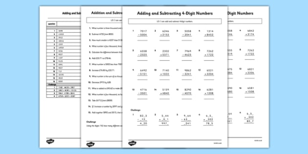 large number addition and subtraction worksheets year 4