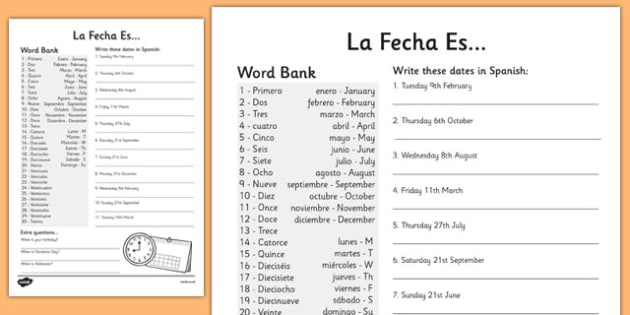 Writing Dates In Spanish Worksheet