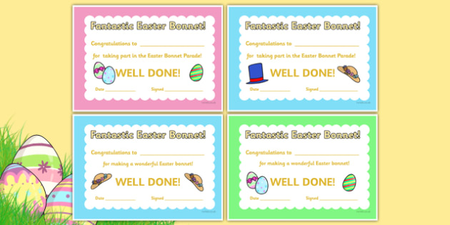 congratulations alternative word Easter Easter bonnet award Bonnet Reward Certificates