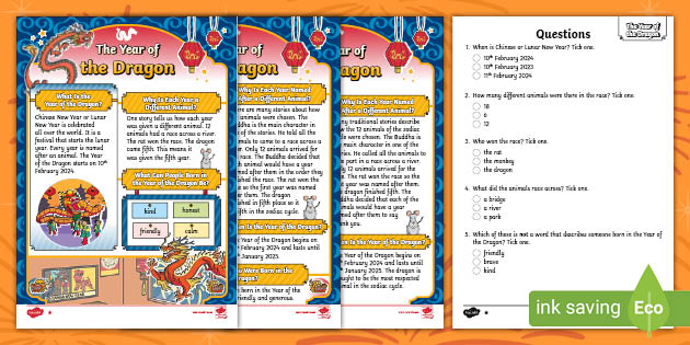 KS1 The Year of the Dragon Reading Comprehension Activity