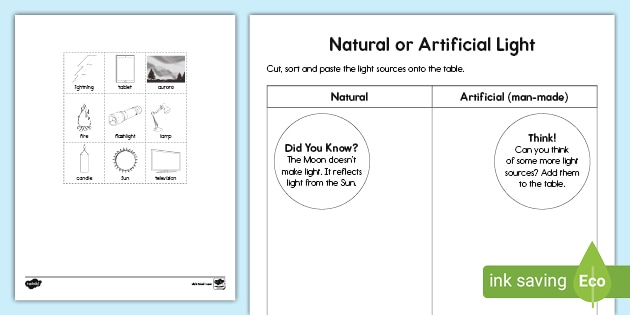 natural and artificial light sources for kids worksheet