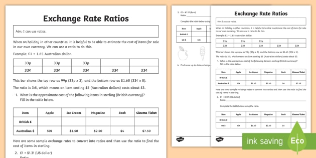 Exchange Rate Worksheet - Ratios Worksheet - Maths