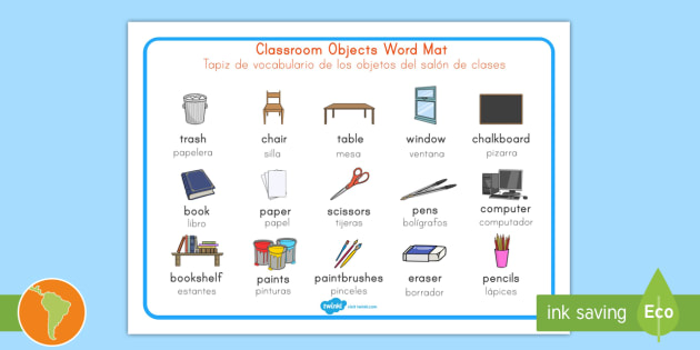 Classroom Objects Word Mat English Spanish Classroom Objects