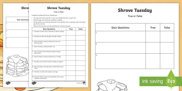 shrove tuesday true or false quiz worksheet activity sheet