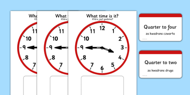 Analogue Clocks Quarter to Matching Polish Translation