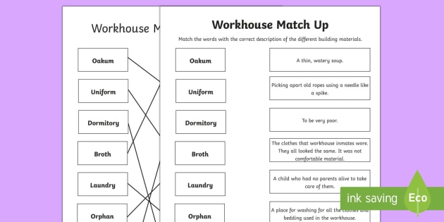 KS1 Workhouse Words And Meaning Matching Worksheet