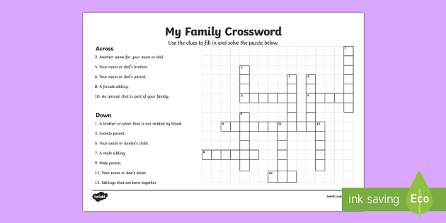 Family Member Crossword Easy Crossword Puzzle For Kids