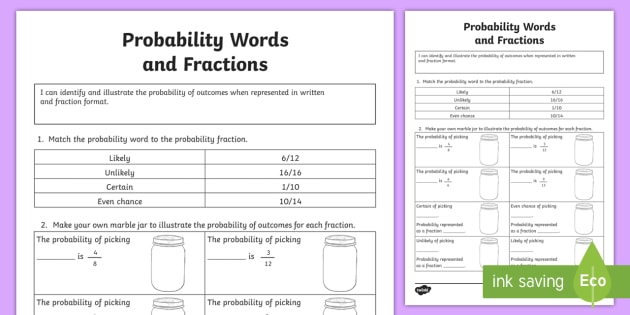 Probability Words and Fractions Worksheet / Worksheet