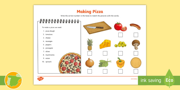 A2 Ficha de actividad: Elige y numera los ingredientes de pizza - inglés
