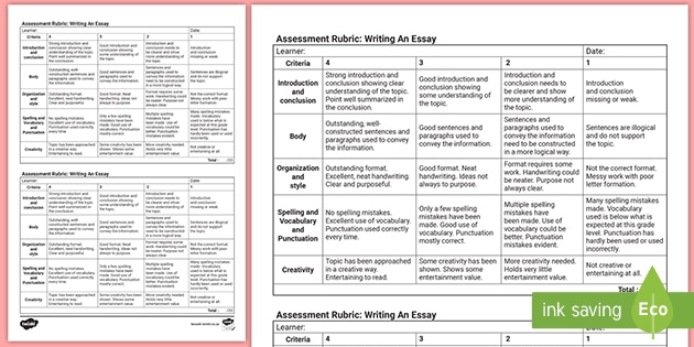 rubric for assessing of english essay writing