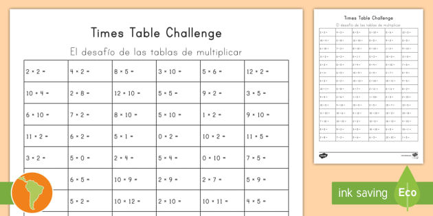 Times Tables Challenge Worksheet Worksheet English Spanish