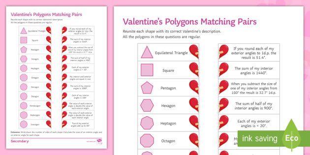 Valentine S Regular Polygons Matching Pairs Worksheet