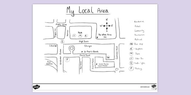 Sketch Map Of My Location Free! - My Local Area Map Drawn Colouring Sheet