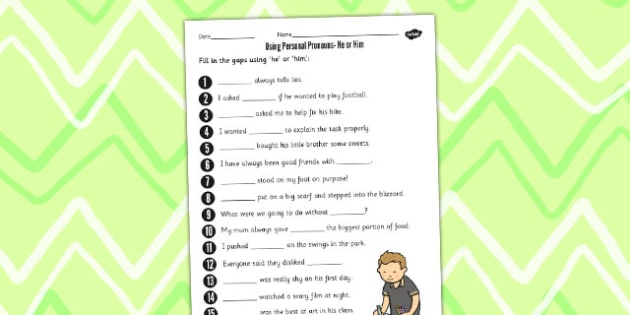 Using Personal Pronouns He Or Him Worksheet