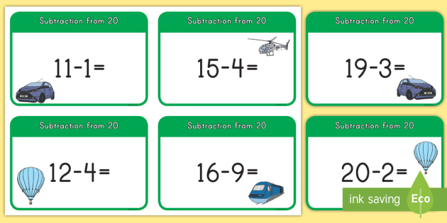 Subtraction From 20 Cards - subtraction, cards, 20, math