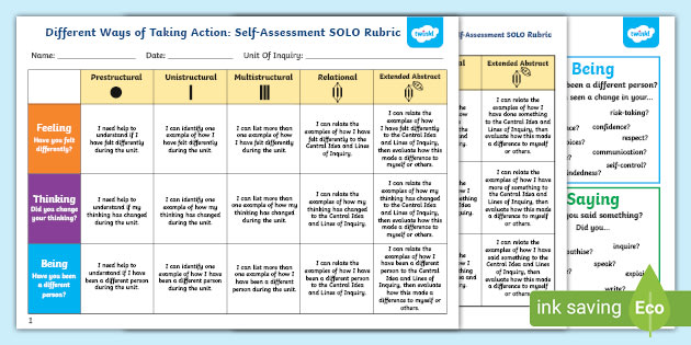 Pyp Different Ways Of Taking Action Self Assessment Solo Rubric