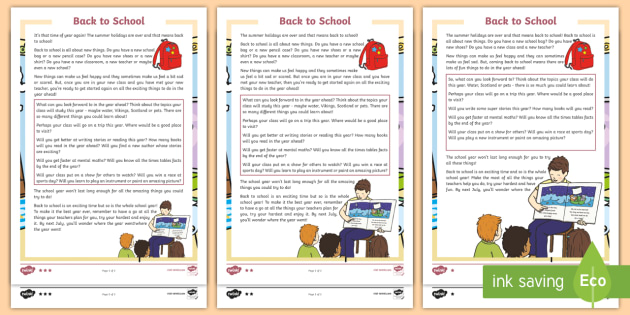 Back to School Differentiated Reading Comprehension Activity