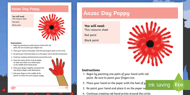 Anzac Day Hand Print Poppy Art Activity Teacher Made