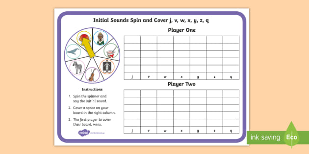 Initial Sound Spin And Cover J V W X Y Z Q Board Game