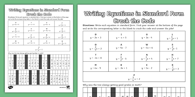 Eighth Grade Writing Equations in Standard Form Crack the Code Math Jokes Activity