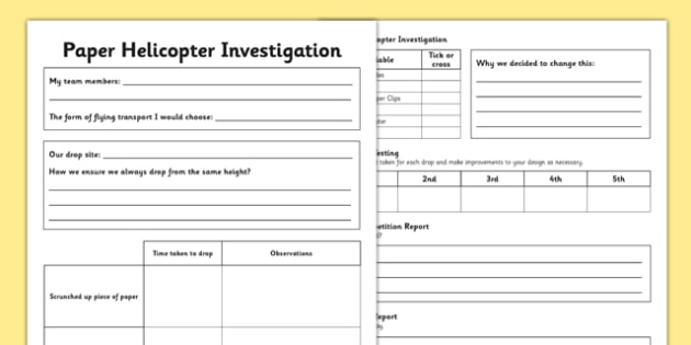 Paper Helicopter Investigation Record Sheet - Air resistance