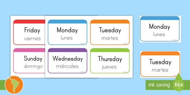 Days Of The Week Flash Cards English Spanish Days Of The Week Flashcards