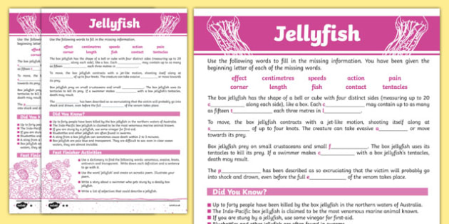 Australian Animals Years 3-6 Jellyfish Differentiated Cloze Passage  Worksheet