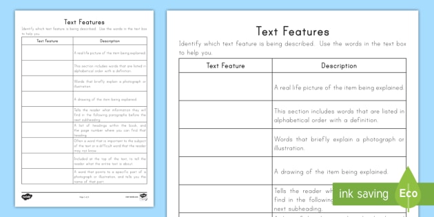 Text Features Worksheet / Worksheet - Nonfiction, Caption, Labels, Table of