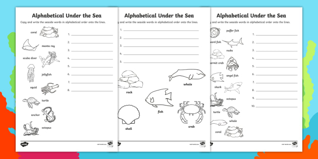 Precursive Under The Sea Differentiated Alphabet Ordering Worksheet