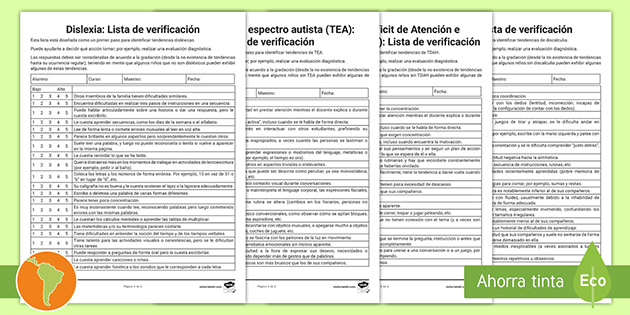 Listas De Verificacion Dislexia Discalculia Tea Y Tdah