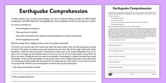 Earthquake Reading Comprehension Activity