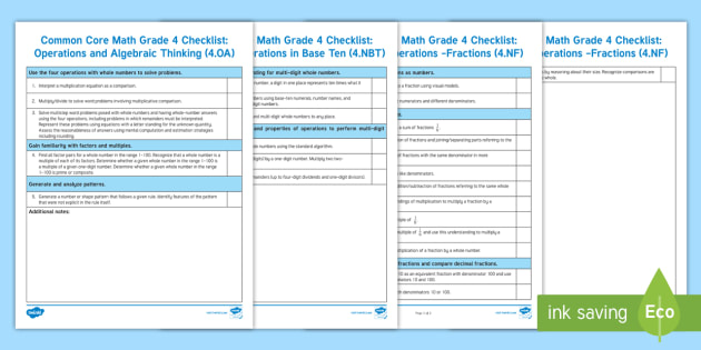 Common Core Math Fourth Grade Standards Checklist