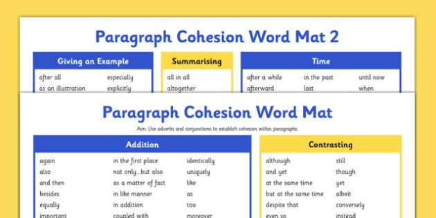 Paragraph Cohesion Conjunctions Adverbials Word Mats - Connectives