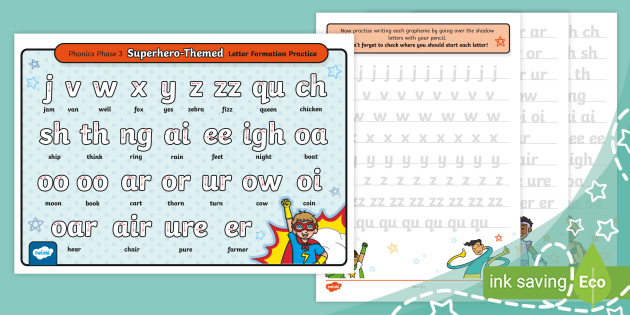 * NEW * Phonics Phase 3 Superhero-Themed Letter formation Practice