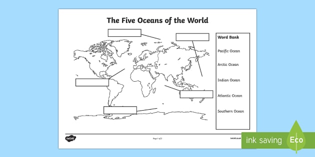 The Five Oceans Labelling Map Worksheet (Teacher-Made)