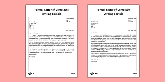 Formal Letter of Complaint Writing Sample - Primary Resources