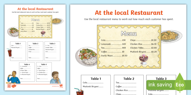 Restaurant Math Worksheets Menu Math: The Hamburger Hut Book, Addition