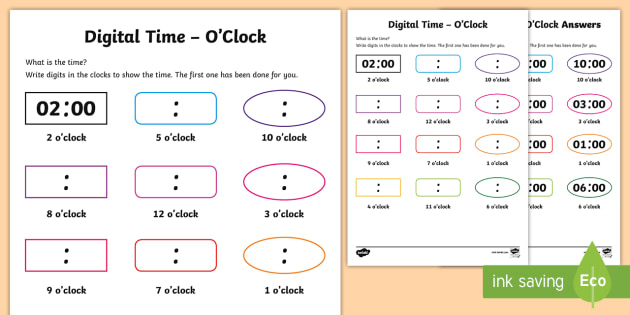 Digital Time Ks1 O Clock Worksheet Primary Resources