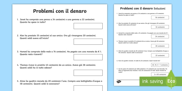 Problemi con il denaro attività euro, monete, denaro Problemi con soluzioni