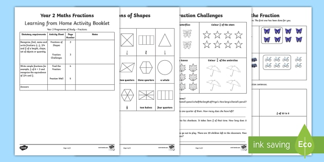 year 2 maths fractions home learning activity booklet