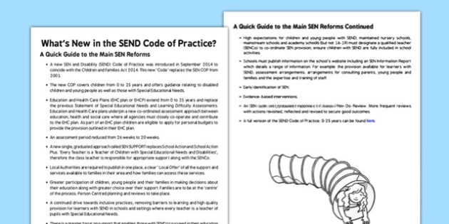 What's New? SEN Code of Practice Summary: Fact Sheet