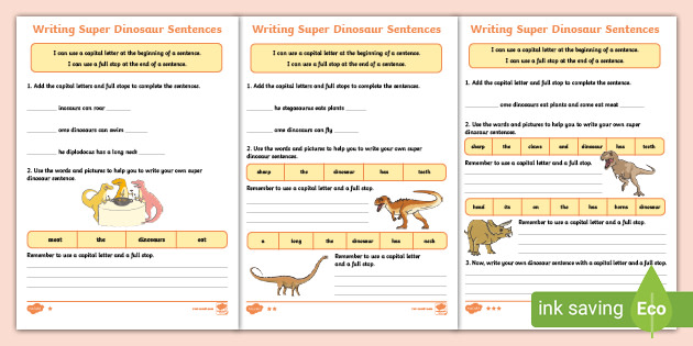 writing super dinosaur sentences differentiated worksheets