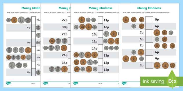 Money Madness (greater than and less than) Worksheet / Activity