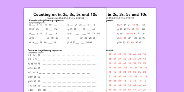 Counting In 2s 3s 5s And 10s Worksheet Worksheet Romanian Translation