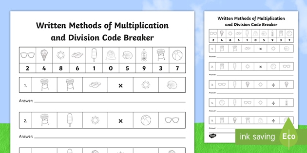 ks2 summer themed written methods of multiplication and division code breaker