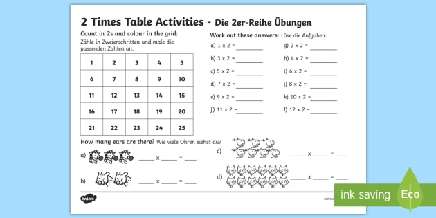 2 Times Table Worksheet / Worksheet - English / German ...