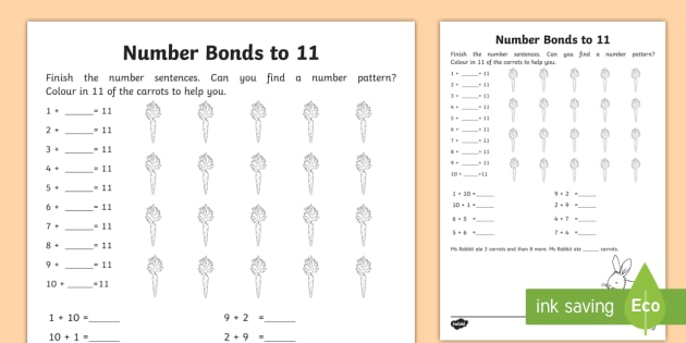 Number Bonds Within 20: Bonds to 11 Worksheet / Worksheet