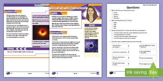 LKS2 Dr Katie Bouman Differentiated Reading Comprehension Activity