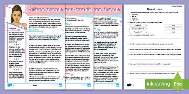 UKS2 Ariana Grande Differentiated Reading Comprehension Activity