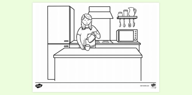 Mum Scaled in Kitchen Colouring Sheet | Colouring Sheets